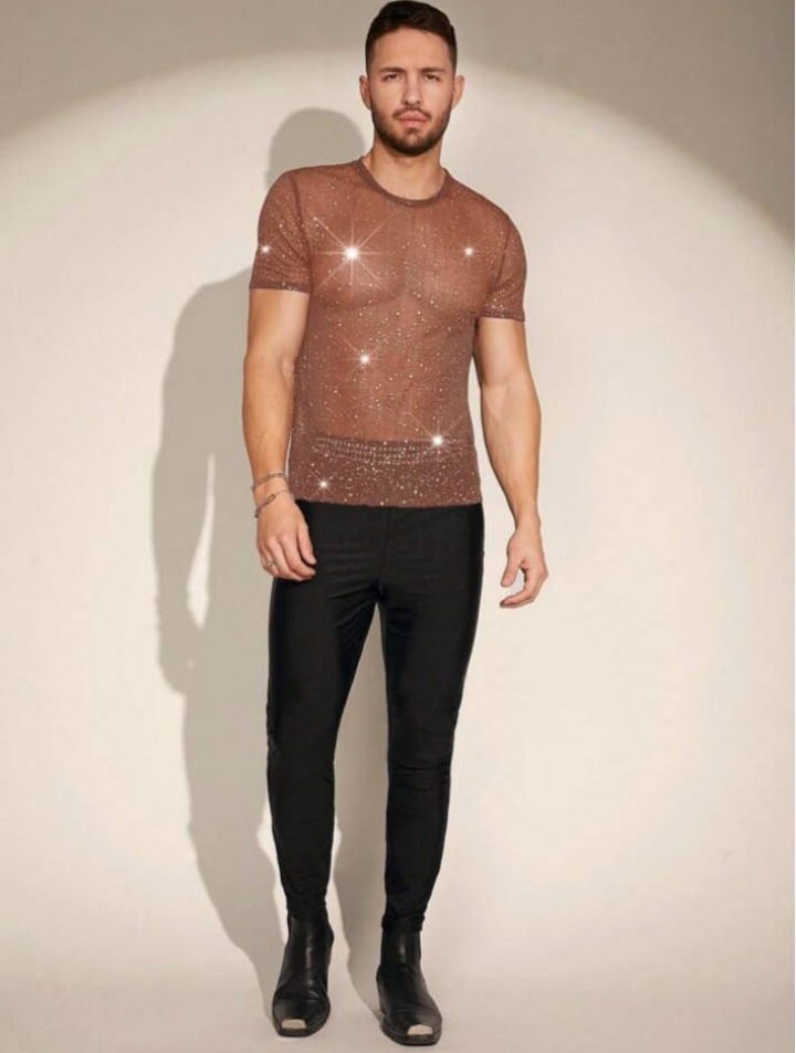 Men's Rhi9nestone Emblished Knit Casual T-Shirt